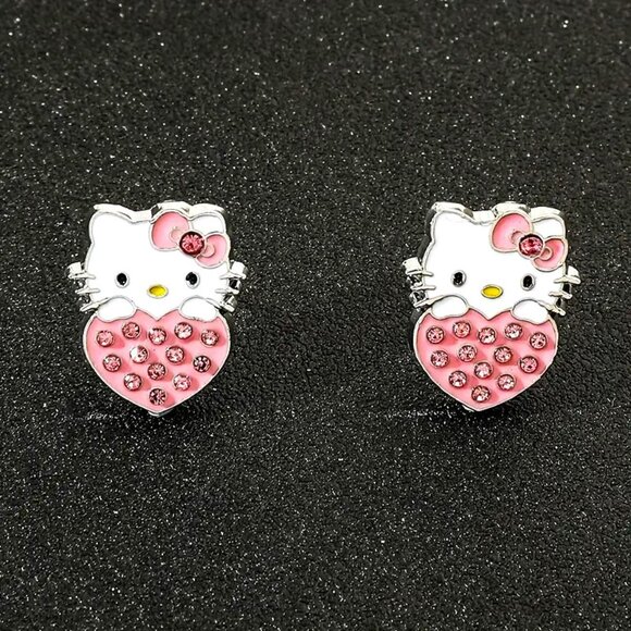 Hello Kitty Rhinestone Earrings Sanrio Heart Studs Silver Cute Goth Emo Scene - Picture 1 of 4